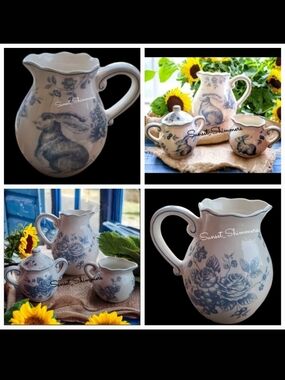 3pc Maxcera Blue Toile Bunny Rabbit Cabbage Rose Pitcher Sugar & Creamer Set New